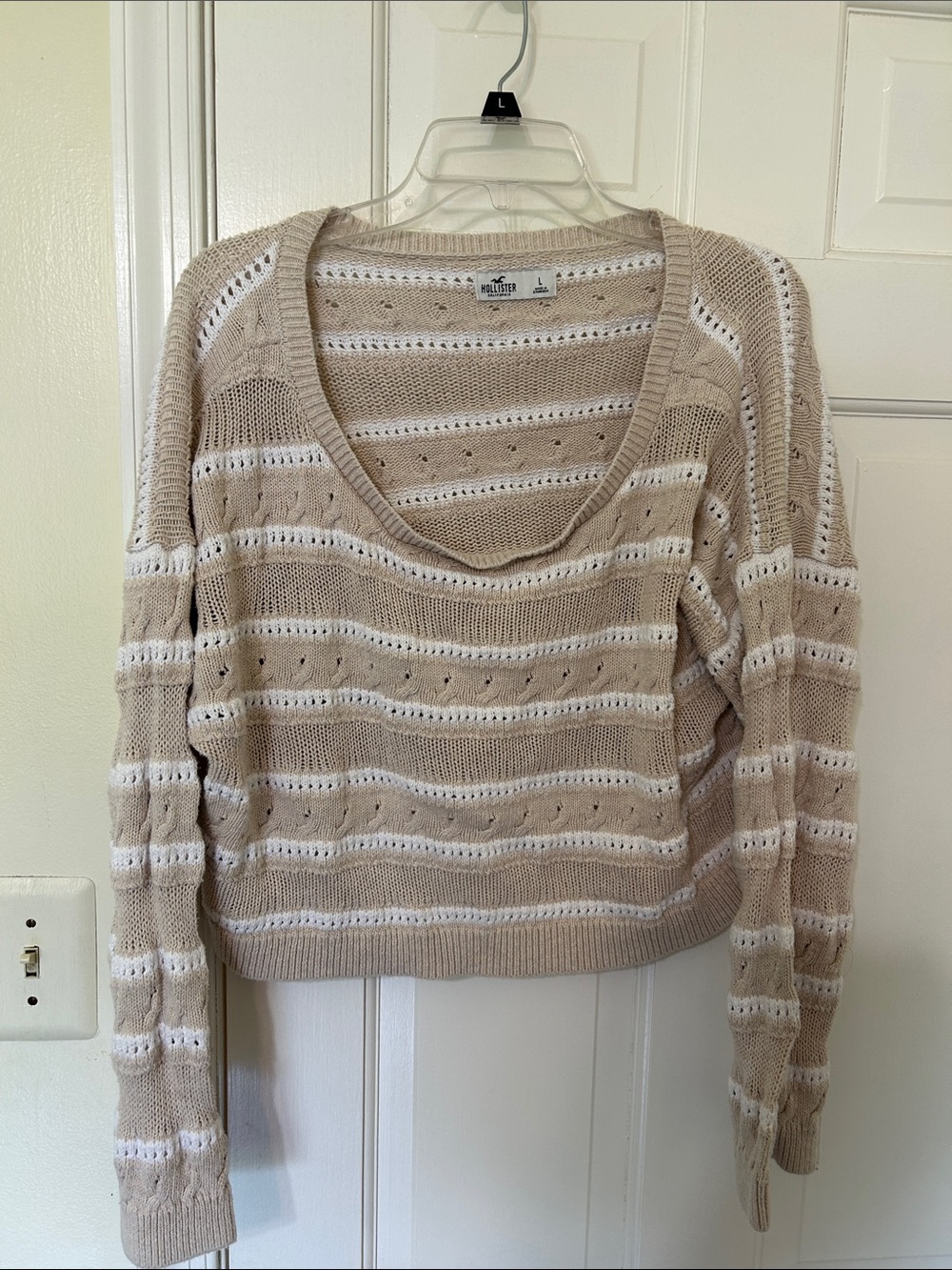 Hollister Beige and White Striped Scoop Neck Knit Sweater